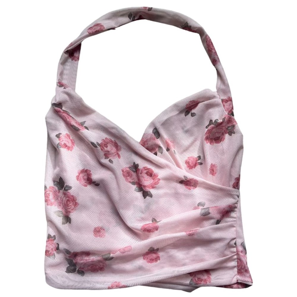 Pink Mesh Floral Print Backless Halter Top Fits S-M